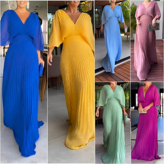 🔥2024 HOT SALE💃 Half Ruffled Sleeves Solid Color V-Neck Maxi Dresses