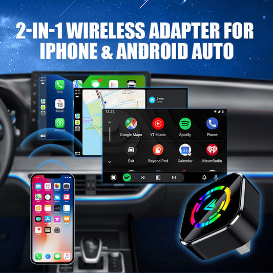 🔥 ¡50% de descuento! ⚡ Adaptador inalámbrico 2 en 1 para iPhone y Android Auto – Instalación en 10 segundos, Bluetooth 5.0 y pantalla dividida 🚗📱