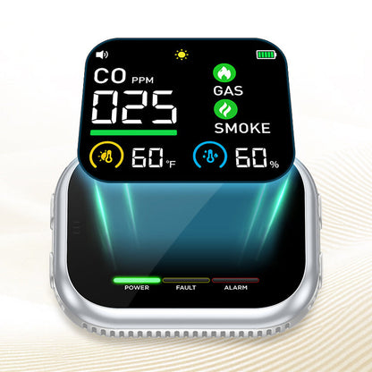 Detector de calidad del aire 6 en 1 🛡️ – Alarma de monóxido de carbono, gas combustible y humo, pantalla LCD, magnético, batería de respaldo – Seguridad para el hogar y caravanas