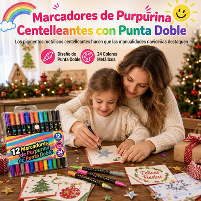 Paquete de 12 marcadores de brillo de doble punta y resaltadores, 24 colores, bolígrafos de punta de pincel suave de doble extremo para dibujo artístico de estudiantes