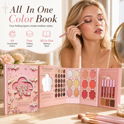 Paleta de maquillaje todo en uno estilo libro de 4 capas con 44 colores, con sombras de ojos, rubor, iluminador, contorno, labial y brillo labial.