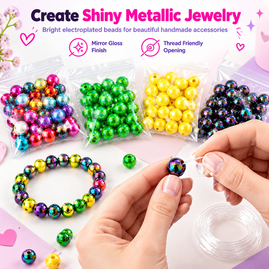 Kit de manualidades DIY con cuentas redondas brillantes con acabado electroplateado